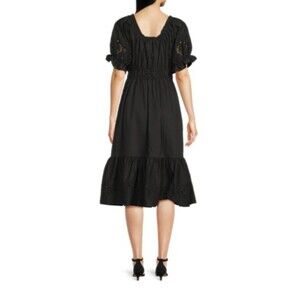 Saks Fifth Avenue Flounce Hem Smocked Midi Dress Puff Sleeve Black-S